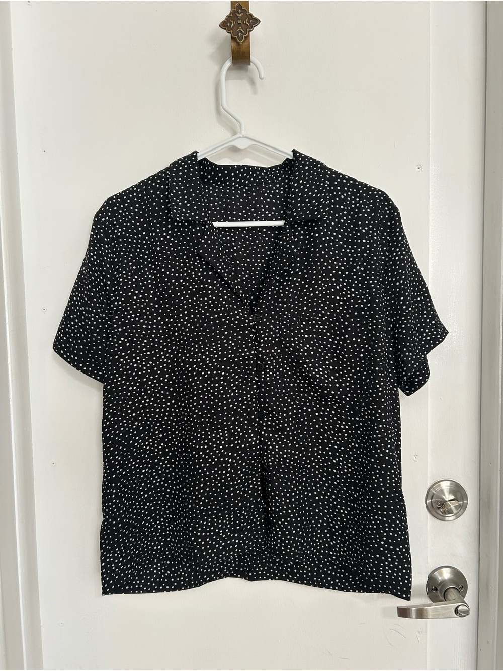 Lulu's Black Short-Sleeve Button Down with White Polka Dots - Picture 5 of 8